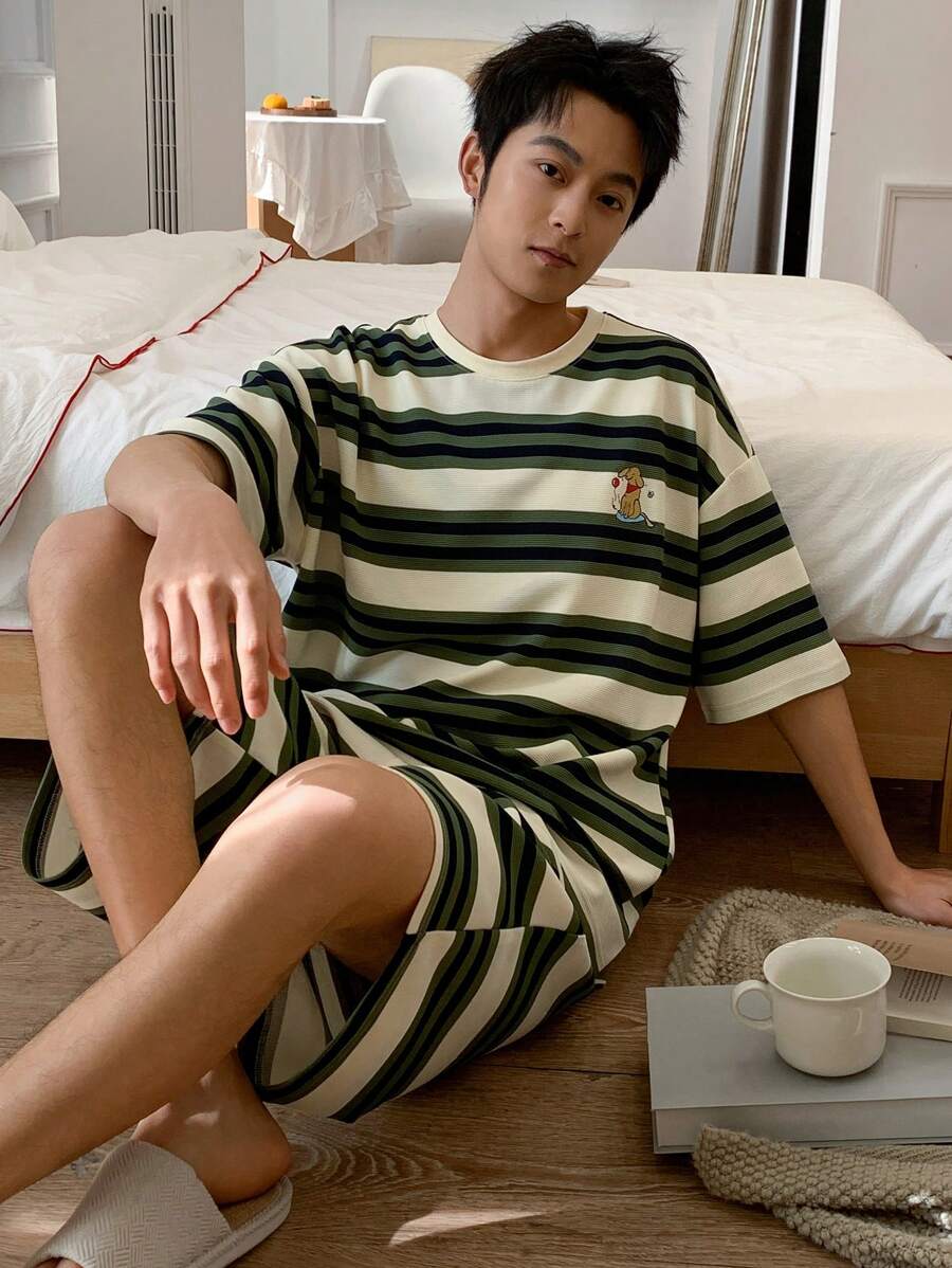 DAZY Conjunto de Roupas Domésticas Masculinas com Camiseta Listrada de Verão e Estampa de Filhote de Cachorro, Pijama Multicolorido