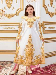 Váy suông tay bồng cổ tròn thường ngày cho bé gái tuổi teen - Vàng - Xem 1