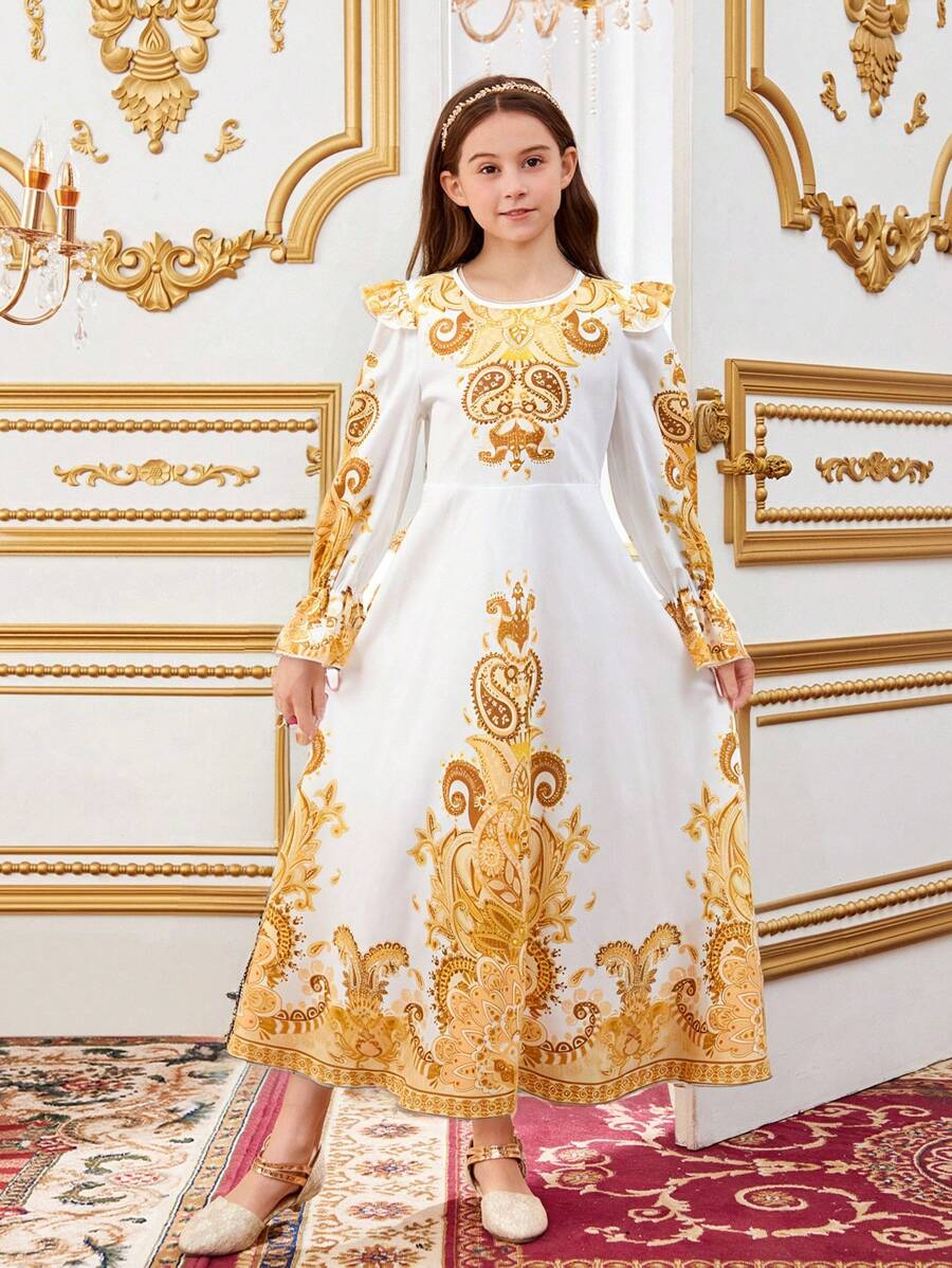 Váy suông tay bồng cổ tròn thường ngày cho bé gái tuổi teen - Vàng - Xem 1