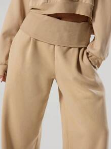 MUSERA Extreme Wide Leg Fold Over Waist Sweatpants Vacation Winter Casual - Apricot - View 5