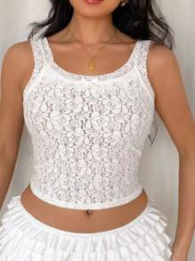 SHEIN EZwear Women's Floral Lace Trim Fitted Camisole With Bow Decor - White - View 4