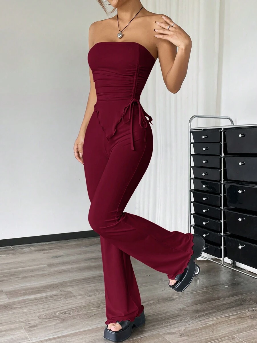 SHEIN EZwear 2pcs Set: Ruched Bandeau Top With Asymmetrical Hem And Flare Pants - Burgundy - View 1