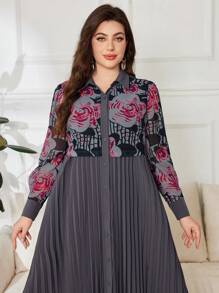 Lacomfia Elegant Vintage Patchwork Pleated Plus Size Dress Fall Cloth For Women - Grey - View 1