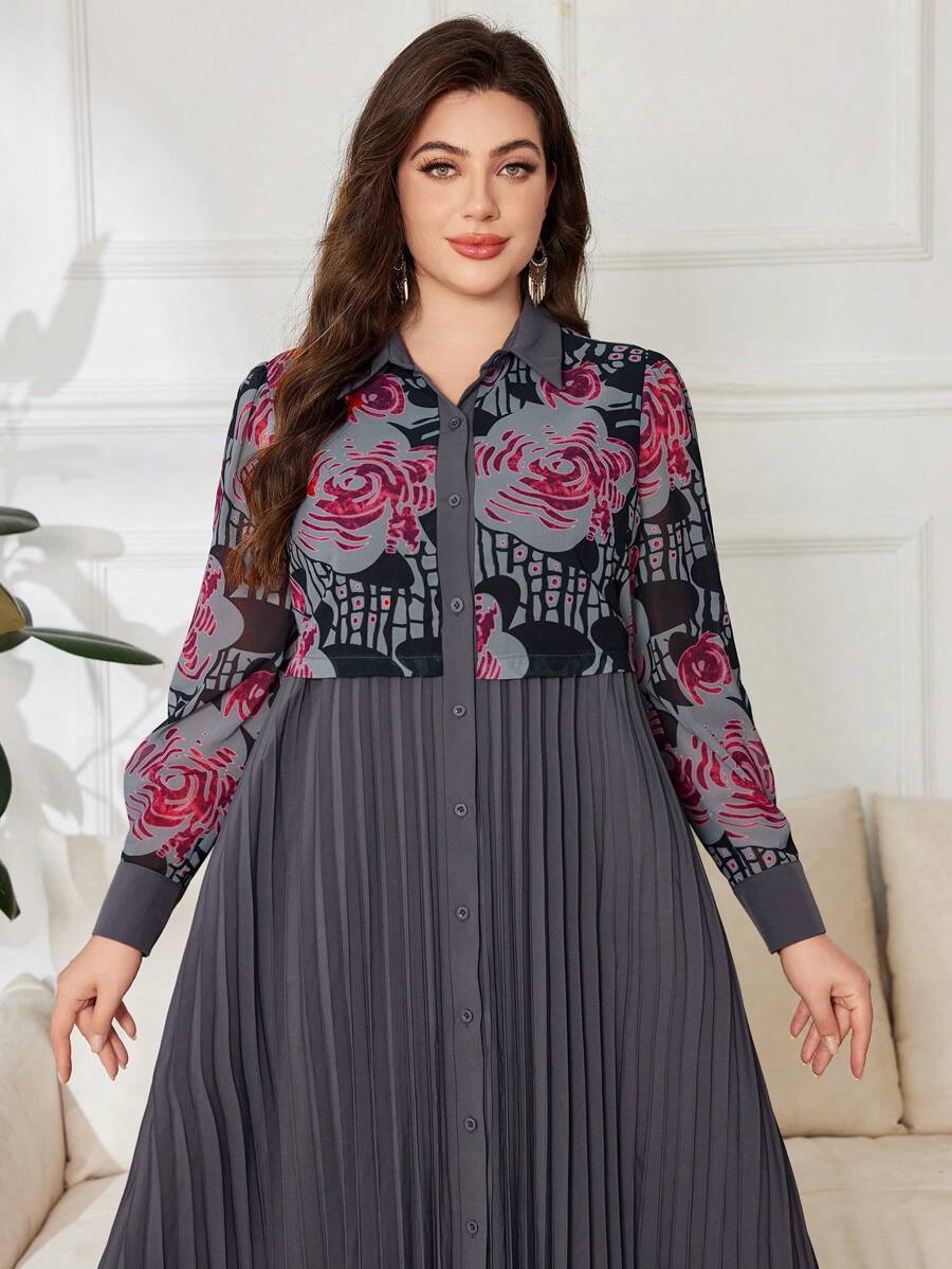 Lacomfia Elegant Vintage Patchwork Pleated Plus Size Dress Fall Cloth For Women - Grey - View 1