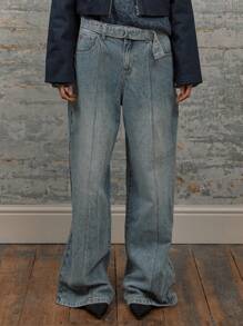 MUSERA 中腰D形环腰带阔腿缝线细节阔腿牛仔裤，90年代Y2K风格，适合春季晚宴、派对、优雅夏季穿着。 - 灰色 - 查看 2