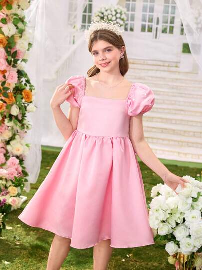 Spring/Summer Tween Girls Elegant High-Quality Glamorous Puff Sleeve Pearl Satin Dress, Suitable For Vacation, Holidays, Parties, Weddings,Holiday,Summer,Travel