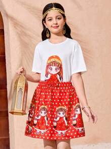 SHEIN 青少年女孩阿拉伯传统短袖T恤和裙子两件套 - 彩色 - 查看 6
