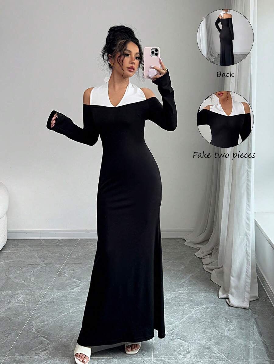 Elenzga Women's Elegant Commuter Style Cold Shoulder Color Block Ruched Waist Bodycon Maxi Dress