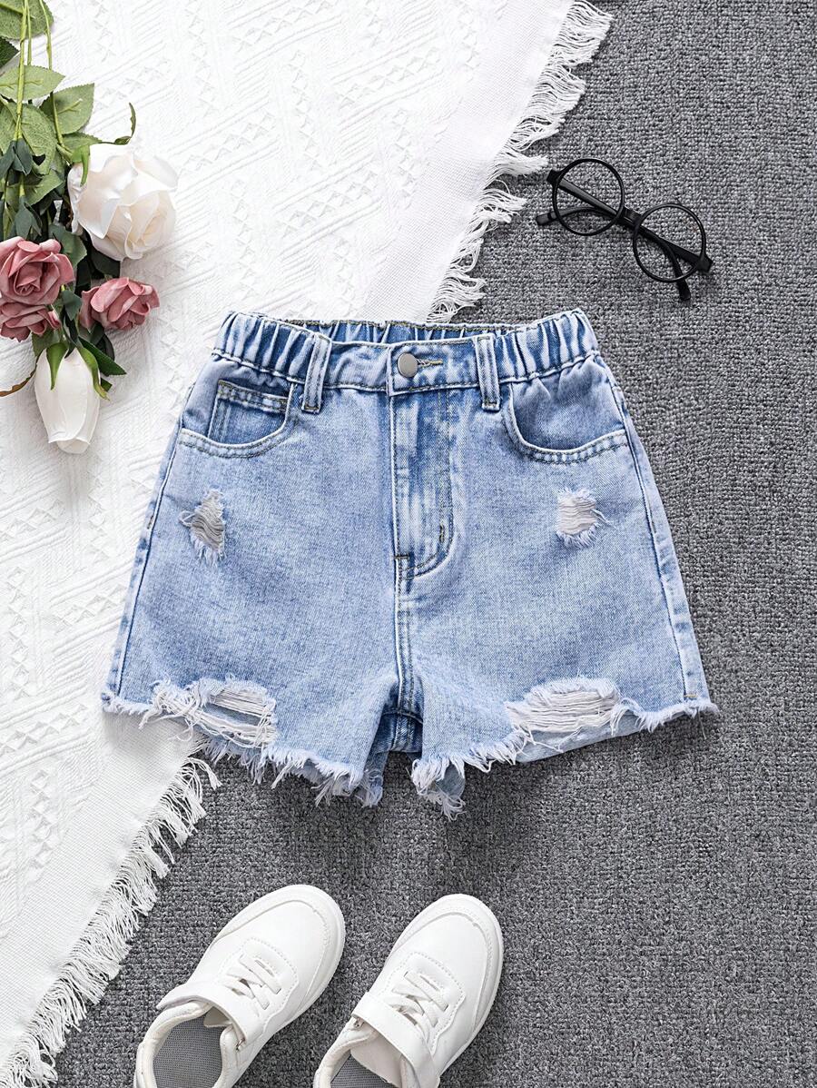 SHEIN Tween Girls' Light Blue Distressed Frayed Waistband Casual Washed Denim Shorts, School, Campus, College
