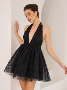 GENKIRA Vestido mini elegante francés sin mangas con escote profundo en V, fruncido, vuelo pronunciado en la Bottom y cintura ceñida - Negro - Ver 3