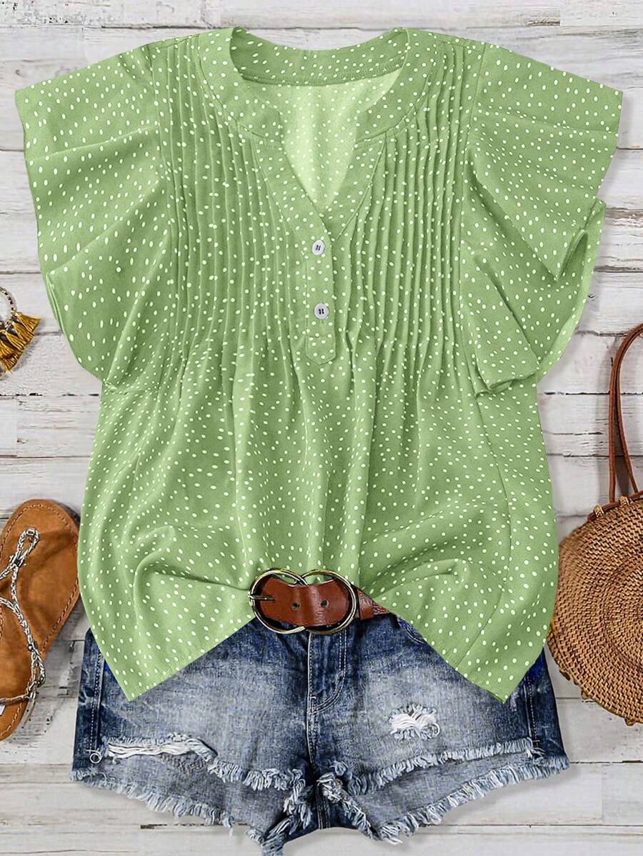SHEIN LUNE Casual V-Neck Keyhole Half-Open Ruffle Sleeve Polka Dot Blouse - Multicolor - View 1