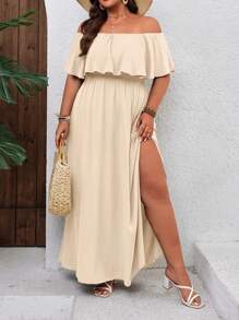 SHEIN VCAY Plus Size Holiday Ruffled Off Shoulder Dress,Beach Dress Sundress,Holiday Outfits Boho - Apricot - View 4