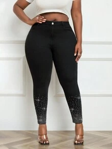 SHEIN Lady Plus Size Women Jeans Sexy Skinny Stretch Jeans Pants Hot Rhinestone Black Trousers Fall Clothes Fall Clothes Curve Women Jeggings Women Dress Pants Jeans Pants - Black - View 3