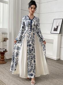 Yasmyna Vestido estilo árabe con estampado floral, cuello en V y mangas acampanadas, modesto, para mujer