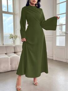 Modelyn 女士纯色立领喇叭袖口褶皱优雅连衣裙 - 軍綠色 - 查看 7