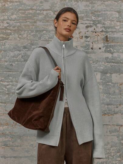 MUSERA Longline Fitted Double Ended Zip Ribbed Knit Turtle Neck Jumper Thanksgiving Chic