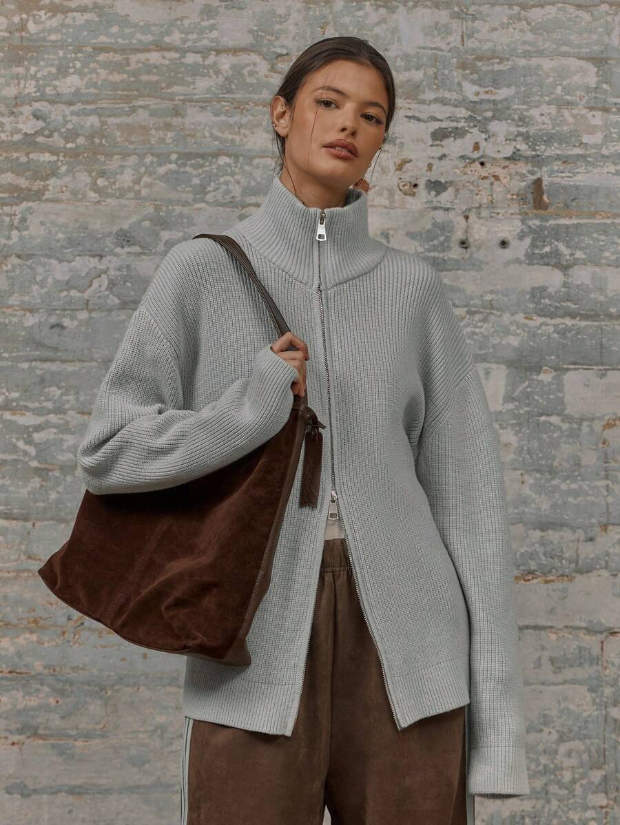 MUSERA Longline Fitted Double Ended Zip Ribbed Knit Turtle Neck Jumper Christmas Winter Elegant Party Evening