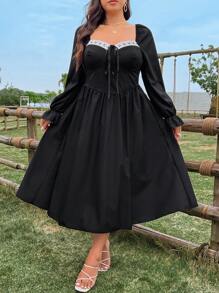 SHEIN Clasi Robe mi-longue princesse à manches bouffantes et taille marquée, tailles grandes - Noir - Voir 5
