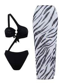 SHEIN Swim 2 piezas Conjunto de ropa de playa de verano con un traje de baño de una pieza sexy con diseño calado + falda con estampado de cebra