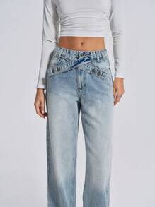 EURMUSE HIGH RISE STRAIGHT Y2K STREET STYLE BELTED JEAN - Light Grey - View 3