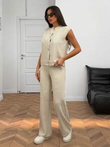 RueChic Woman Button Front Vest And Sweater Pants Two Piece Sweater Co-Ords