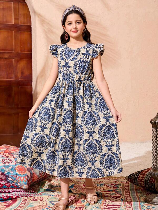 Print Pattern Cap Sleeve Empire Waist Long Dress For Tween Girls