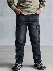 SHEIN Tween Boys 复古水洗黑灰色实用口袋锥形牛仔裤，休闲修身牛仔裤 - 黑色 - 查看 1