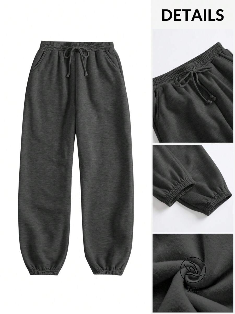 SHEIN BASICS Casual Sports Loose Pockets Solid Color Knitted Women's Pants - Dark Grey - View 1