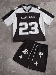 Aesthetic Post Ensemble t-shirt casual avec imprimé lettre encolure en V manches courtes de style jersey de basket et short à cordon de serrage taille pour homme - Noir - Voir 3