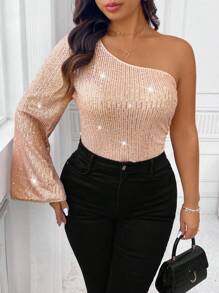 SHEIN Clasi Blusa casual con lentejuelas brillantes para mujer de talla grande, de uso diario sencillo y de moda