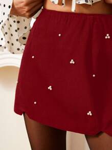 GENKIRA Elegant Mini Skirt With Beaded Decor, Fitted Bodycon Style, Suitable For Valentine's Day, Spring & Autumn - Red - View 4