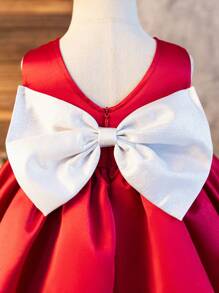 Valentine's Day Holiday Infant Girls Romanic Ruffled No-Sleeve Dress With Bow Accent, Suitable For Party, New Year, Spring Season - Burgundy - View 7