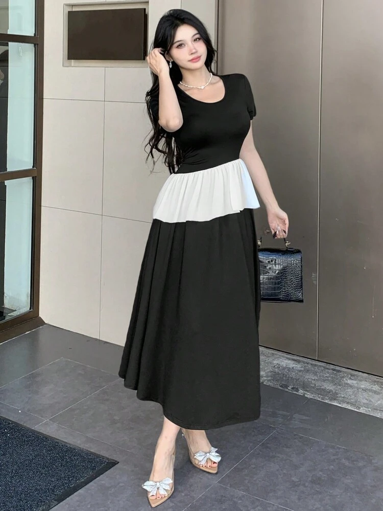 Women's Asymmetrical Ruffle Patchwork Contrast Color Mid-Length Dress