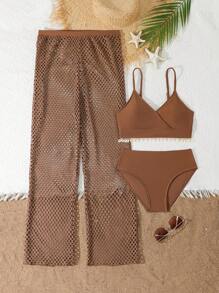 3pcs/Set Teen Girl Shell Brown Bikini Set With Cover Up Pants, Summer Beach Outfit - Coffee Brown - View 1