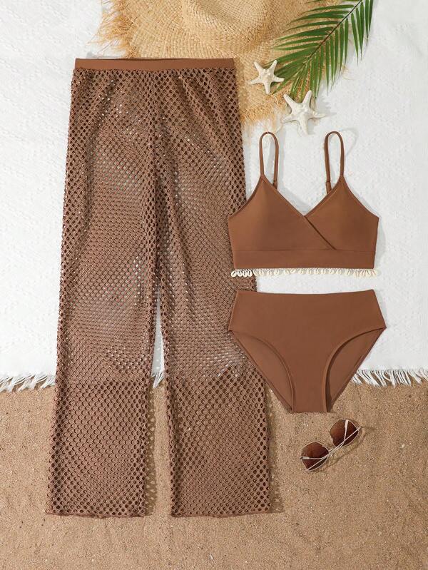 3pcs/Set Teen Girl Shell Brown Bikini Set With Cover Up Pants, Summer Beach Outfit