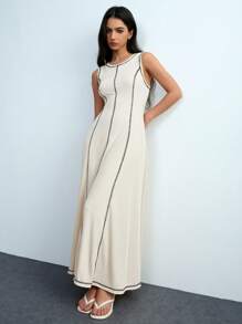 Chiquease 女士针织圆领拼色收腰无袖 A 字形连衣裙