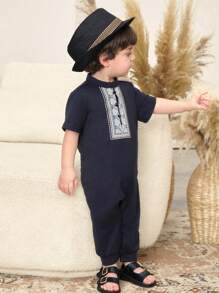 SHEIN New Born Baby Boy Retro Pattern Stand Collar Short Sleeve Jumpsuit Casual All-Match Set, Spring/Summer - Navy Blue - View 6