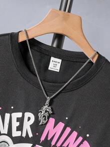 2 件套 青少年男孩熊卡通印花休闲圆领上衣和短裤套装