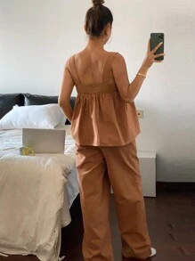 DAZY Simple Wide Strap Ruched Design Top And Loose Straight Leg Pants Pajama Set - Khaki - View 2