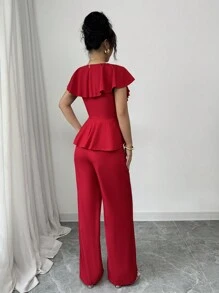 Chiquease Ruffled Waist Elegant Fashionable Vacation Jumpsuit, Red - Red - View 2