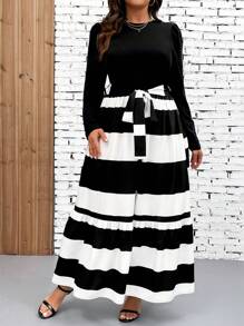 SHEIN Clasi Vestido largo de mujer de línea A, de manga larga, con cintura alta y parches a rayas - Blanco y Negro - Ver 4