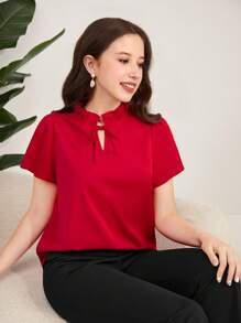 SHEIN Leap Crew Teen Girl's Red Bow Collar Hollow-Out Ruffle Trim Body-Con Short Sleeve Blouse - Red - View 5