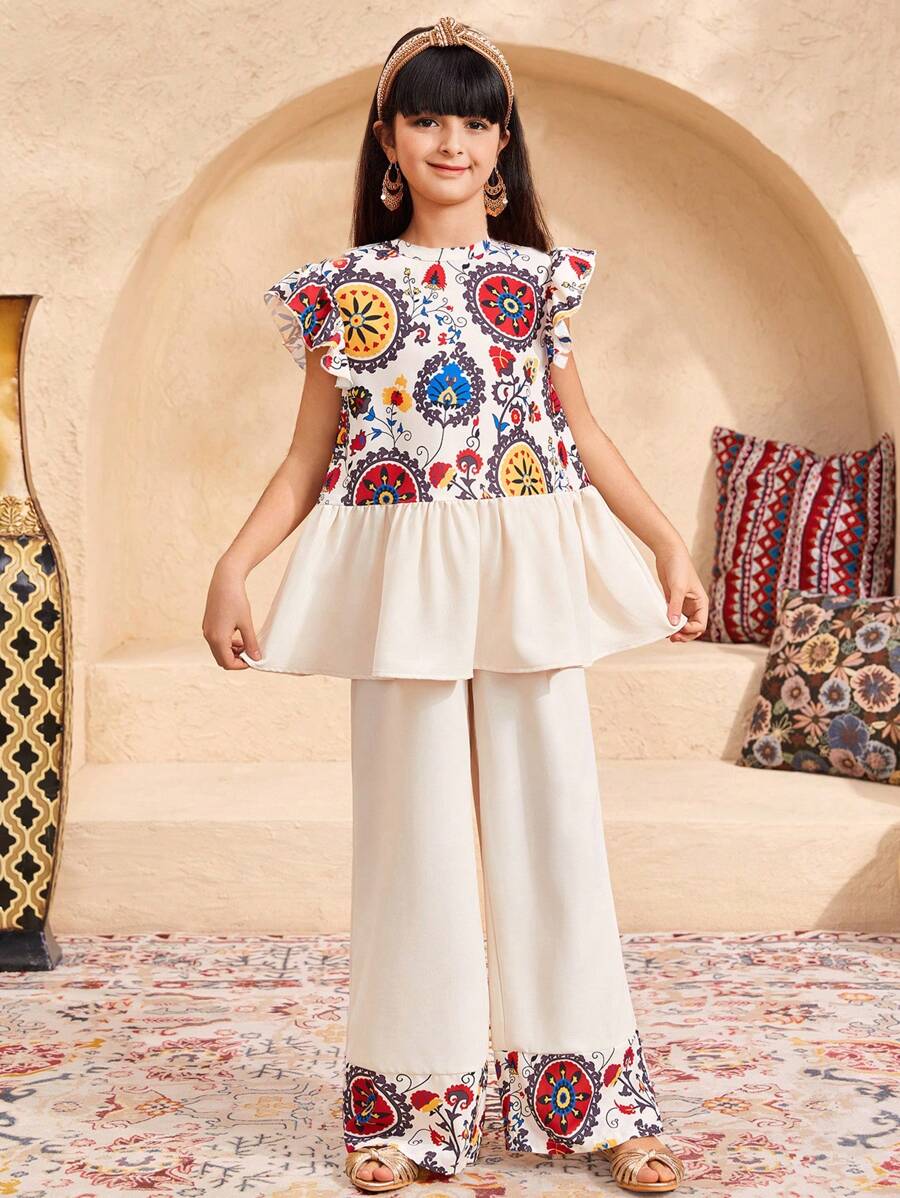 SHEIN Leap Crew 2pcs/Set Tween Girls Pattern Ruffle Trim Loose Fit Round Neck Top And Pants Set - White - View 1