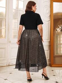 SHEIN Clasi Abito midi elegante, da donna taglie comode, con colletto, vita fasciata, inserti in rete e paillettes, adatto per feste - nero - Visualizzare 2