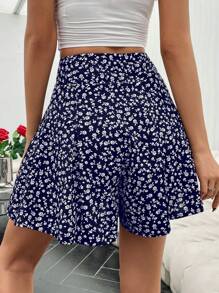 Pariaura Ditsy Floral High Waist Wide Leg Casual Vacation Shorts - Blue - View 3