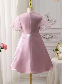 SHEIN Leap Crew Tween Girl Style Elegant Short Sleeve Dress - Pink - View 3