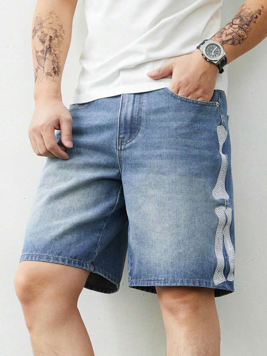 Manfinity Homme Pantalones cortos vaqueros de corte holgado casual con múltiples bolsillos para hombre - Azul - Ver 1