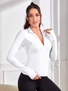 Easithlete Letter Graphic Thumbholes Zip Up Sports Jacket Light Jacket