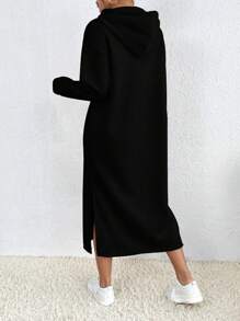 SHEIN LUNE 女式连帽羊毛运动衫连衣裙，带抽绳和字母印花 NOPE Not Today，长袖上衣 - 黑色 - 查看 2