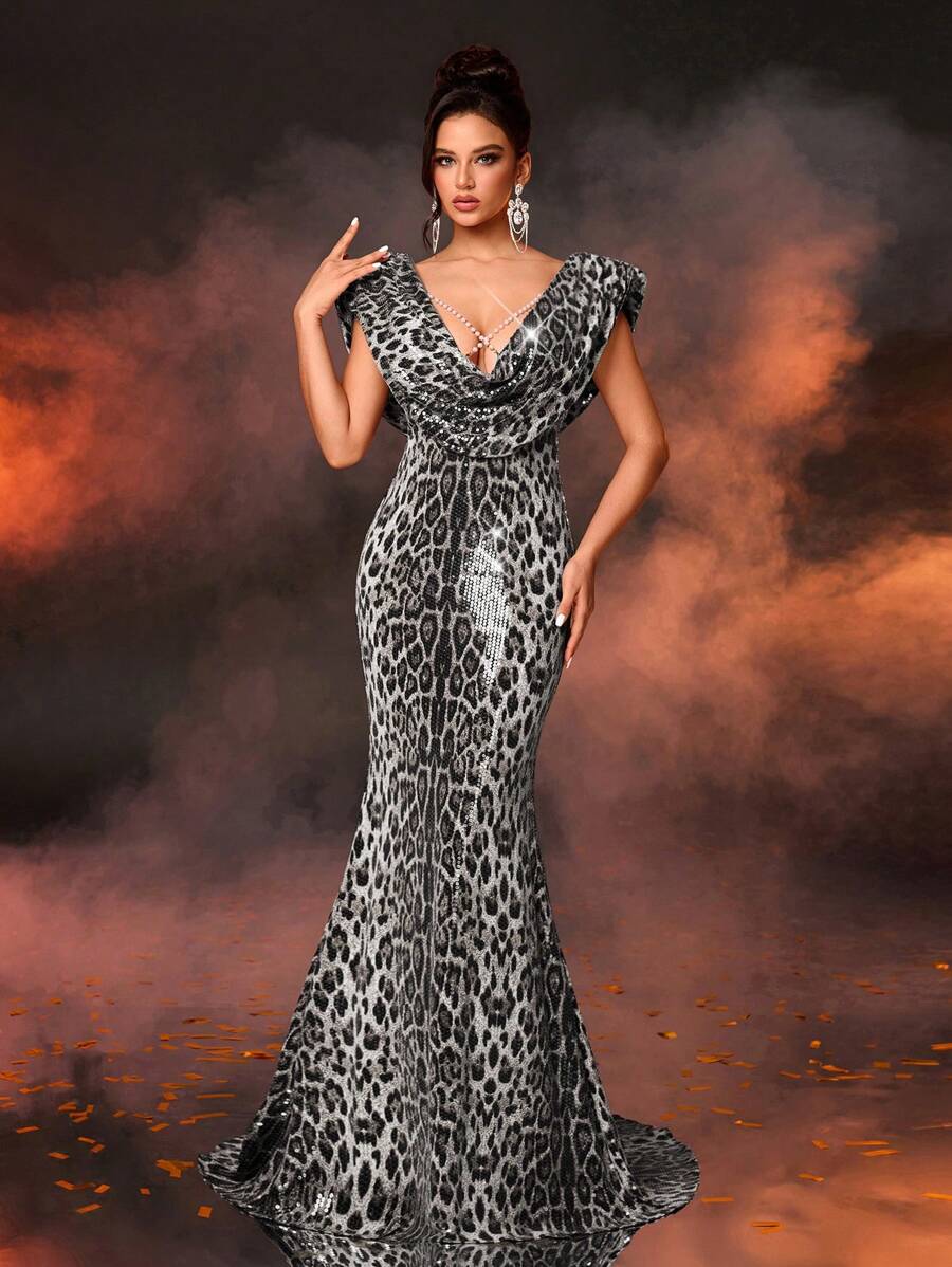 Glamrae 优雅亮片荷叶边鱼尾礼服，婚礼宾客礼服，适合所有正式场合，奢华晚礼服，派对礼服 - 灰色 - 查看 1